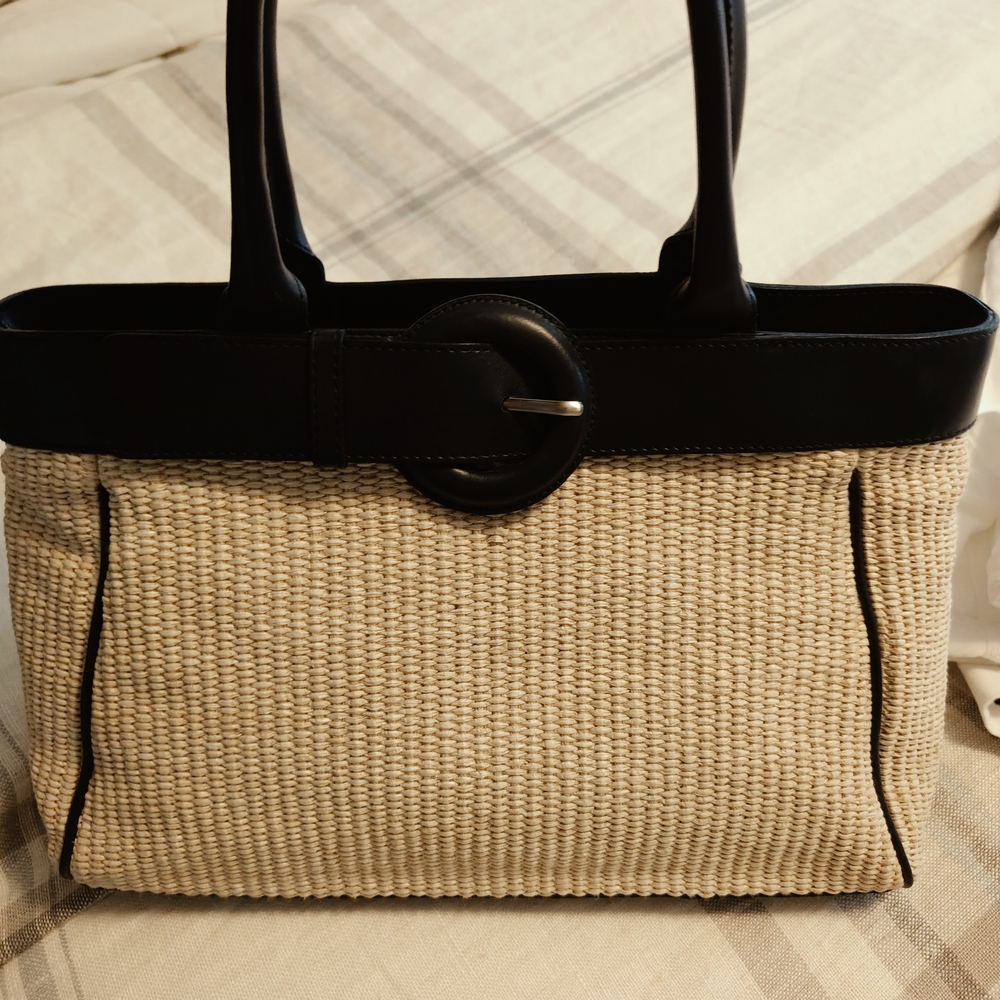 FURLA Tan And Navy Rafia With Leather Trim Handbag. Excellent Condition.